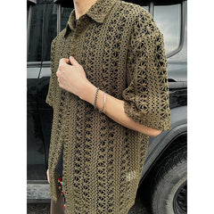 Threebooy Fashion Army Green Knitted Hollow out Shirt Men Streetwear Transparent Lapel Short Sleeve Button Camisas Sexy Men Clothing 2XL-M