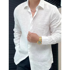Threebooy  Spring Summer New High-end Linen Solid Color Long Sleeved Shirt Men's Loose and Versatile White Top Shirt