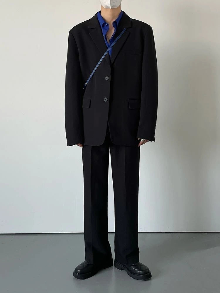 Threebooy Men Punk Blazer Jacket Set New Korean Temperament Handsome Black Suit Coat Unisex High Street Oversize Fashionable Suit
