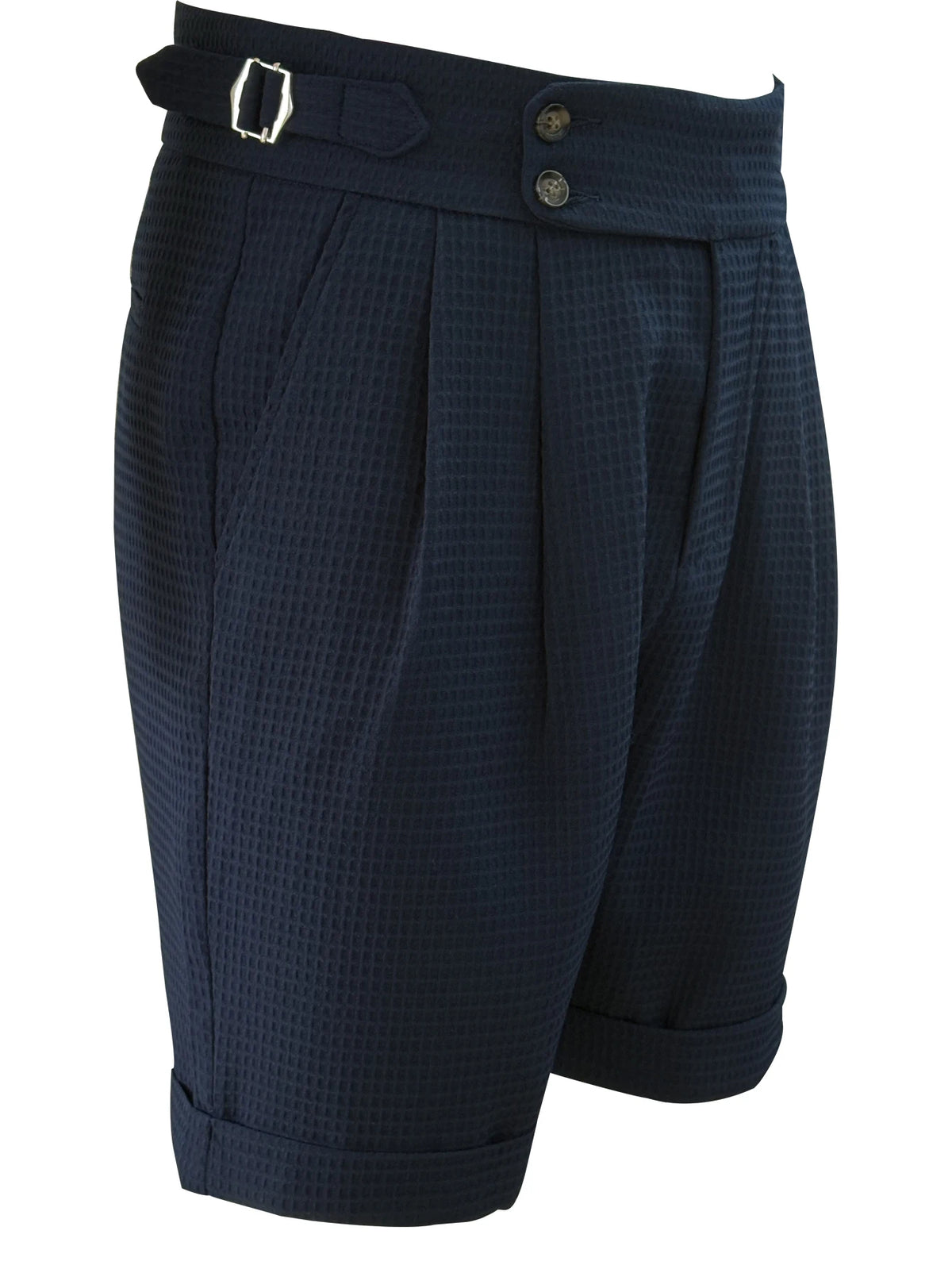 Threebooy  Men High Waist Pleated Waffle Suit Shorts Adjustable Side Buckle Cuffed Bermuda Shorts 100% Polyester S-XXL