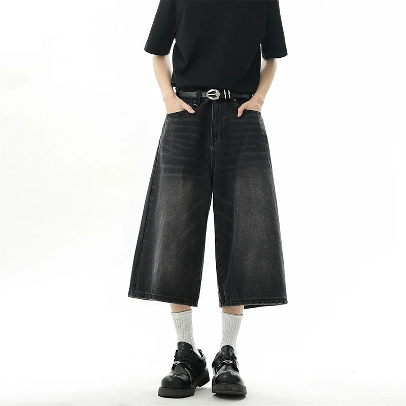 Threebooy  Oversized Baggy Men's Denim Shorts Summer Fashion Retro Casual Loose Wide-leg Calf-length Jeans Harajuku Y2K Streetwear Pants