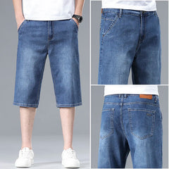 Threebooy  New Summer Men's Thin Straight Denim Shorts Soft and Comfortable Ice Silk Feel Loose Pants Large size Light Blue Dark Blue
