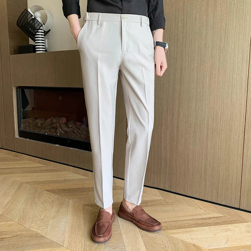 Threebooy  Men's Fashion Trend Casual Pants Silk Fabric Slim Fit Solid Color Suit Pants Formal Business Cotton Trousers Size 28-36