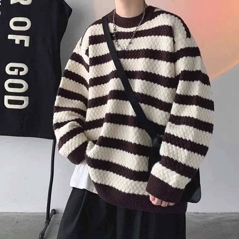 Threebooy Fashion O-Neck Knitted Spliced Loose Korean Striped Sweater Men's Clothing Autumn New Casual Pullovers All-match Warm Tops