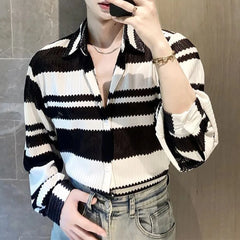 Threebooy Mens Casual Splicing Striped Long-Sleeved Shirt Genderless 2024 New Fashion Individuality Retro Thin Hollow Loose Top Unisex