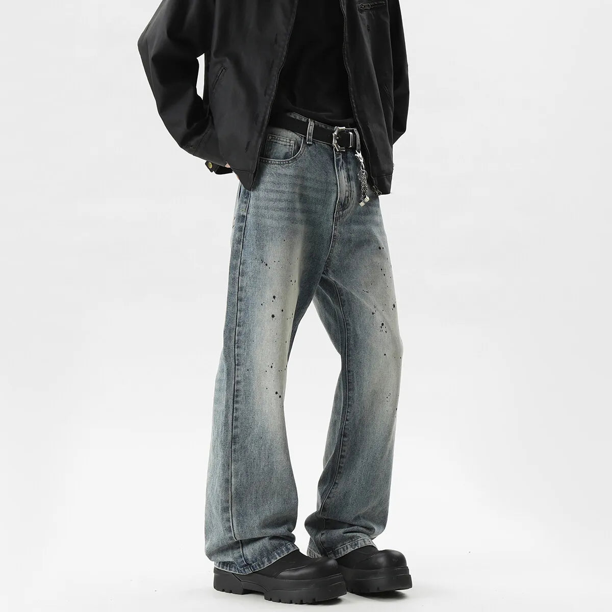 Threebooy Summer Men's Denim Pants Old Blue Washed Male Jeans Straight fleck Casual Menwear Loose Wide Leg Trousers 2024 New Fashion