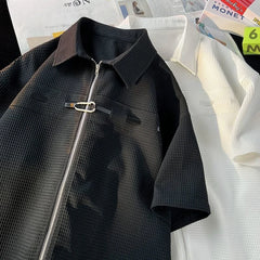 Threebooy Niche Design Zipper Shirt Men's Short-sleeved Summer 2025 New Waffle High-end Casual Shirt Hip Hop Unisex Zipper Blouse