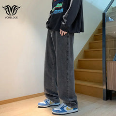 Threebooy  Korean Fashion Men's Loose Jeans Classic Neutral Couple All-match Solid Color Straight Denim Wide Leg Pants Gray Black Blue 3XL