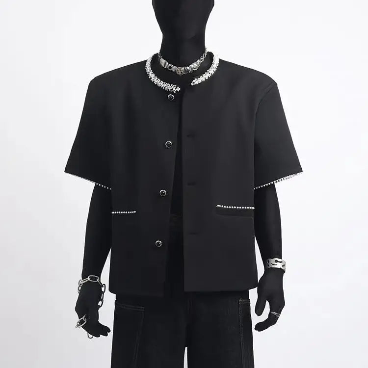 Threebooy Spring Summer Jacket Handsome Casual Short-sleeved Jacket Men's Beaded Border Design Fashion Button Up O-neck Top Aesthetic Coat