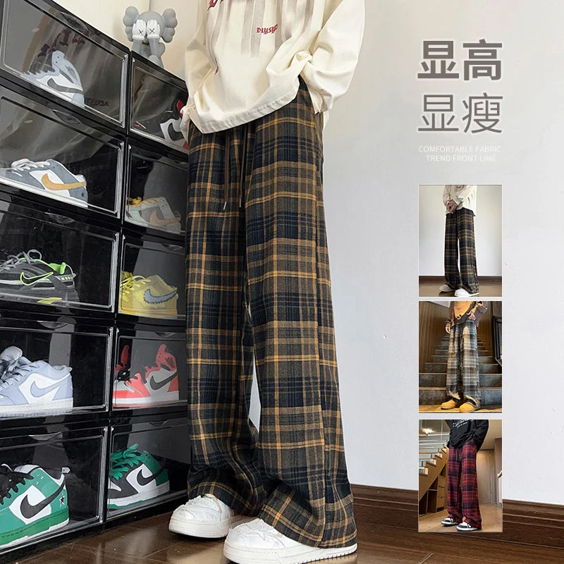 Threebooy  Autumn Plaid Pants Men Oversized Fashion Retro Casual Pants Men Streetwear Hip-hop Loose Wide Leg Pants Mens Vintage Trousers