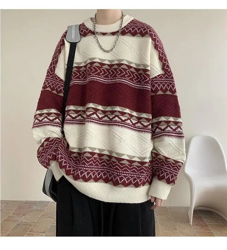 Threebooy Autumn and Winter Round Neck Sweater for Men Casual Trendy Brand Streamer Lazy Style Contrast Striped Knitted Sweater