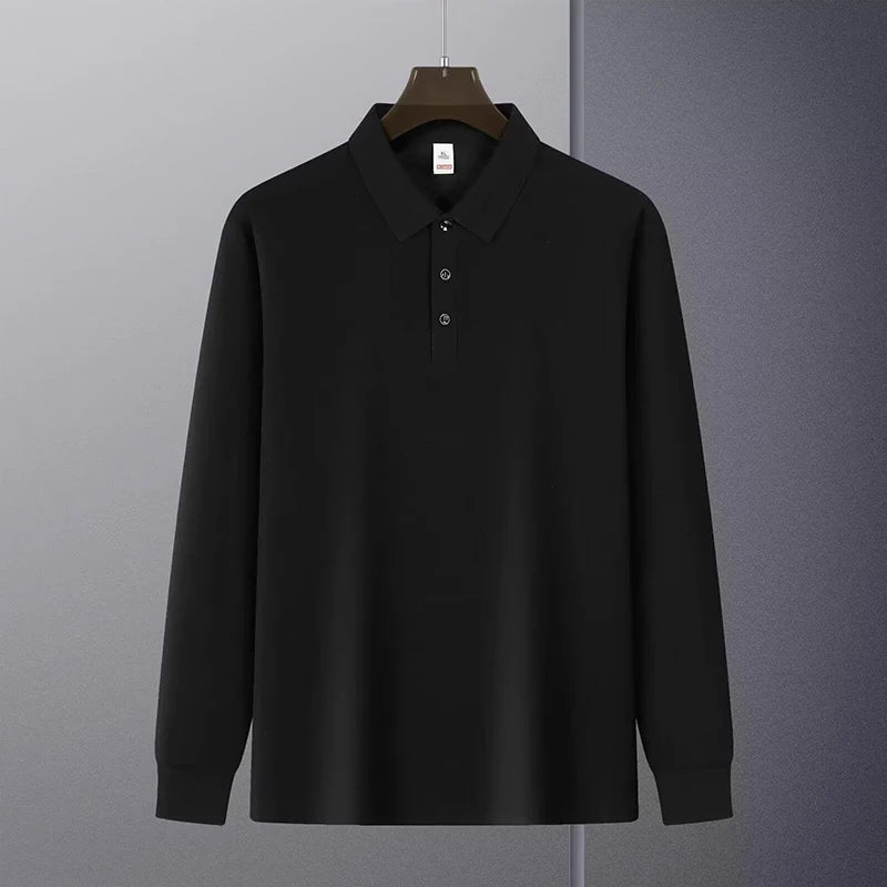 Threebooy  New American Retro Men Polo Shirt Light Luxury Solid Color Slim-fit Commuting Long Sleeve T-shirt Leisure Business Pullover Tops