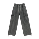 Threebooy 2024 Summer New Men's Cargo Pants Stylish Korean Style Retro Wide Leg Straight Jeans Pocket Decoration Loose Overalls