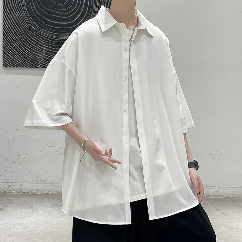 Threebooy Summer Ice Silk Solid Shirts For Men Clothing Korean Style Mens Streetwear Shirt Classic Basic Short Sleeve Blouse Men