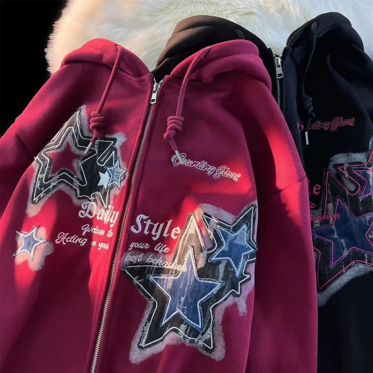 Threebooy Aesthetic Star Print Cardigan Zip Up Sweatshirt Men Women Autumn Winter Loose Tide Brand Couple Hooded Zip Jacket Harajuku Y2k