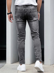 Threebooy  1 Piece of Men's Four-Season Snowflake Washed Fashion Jeans, Stretch Slim Fit Light Gray Dark Black Casual Denim Pants, Normcore and Fashionable, Suitable for Everyday Wear