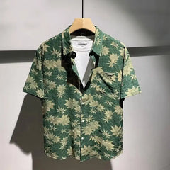 Threebooy Summer High-end Maple Leaf Floral Shirt Men's Loose and Light Style Handsome and Fashionable Short Sleeves