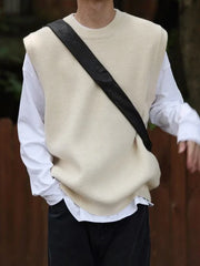 Threebooy Knit Sweater Male Sleeveless Solid Color Men's Clothing Waistcoat Vest Crewneck Black Round Collar Plain Korean 2024 Autumn Old