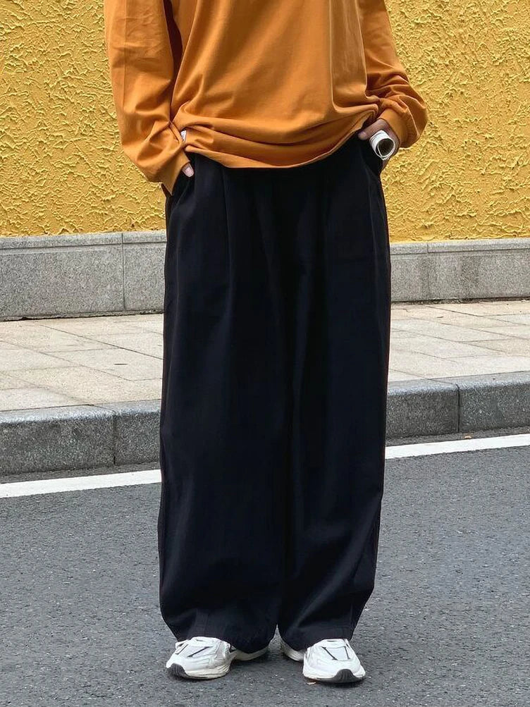 Threebooy  Wide Leg Cotton Casual Pants Men Japanese Loose Oversize Straight Ankle-length Long Trousers Korean New