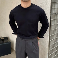Threebooy  New Autumn Fashion Men T-shirt Light Luxury Solid Color Long Sleeve Tops Leisure Streetwear Casual O Neck Basic Shirts M-3XL
