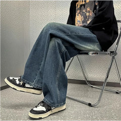 Threebooy Vintage Men Straight Leg Jeans Korean Student Handsome Casual Pants High Street Loose Wide Leg Jeans Vintage Blue Baggy Jeans