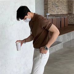 Threebooy  Summer Men's Clothing Retro Knit Lapel Striped Polo Shirt Solid Color Short Sleeve Fashion Light Luxury Popular Knitwear M-3XL