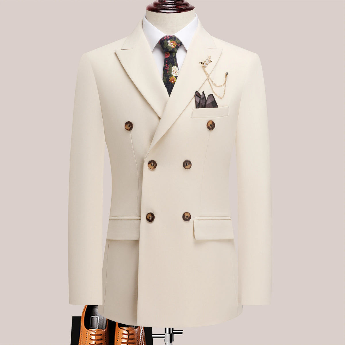 Threebooy  The latest men's solid color suit two-piece set with lapel collar and double breasted buttons for four seasons, men's business s