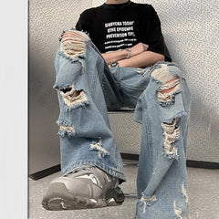 Threebooy American hip-hop straight leg men and women trend summer personality destruction jeans couple loose retro Harajuku casual pants