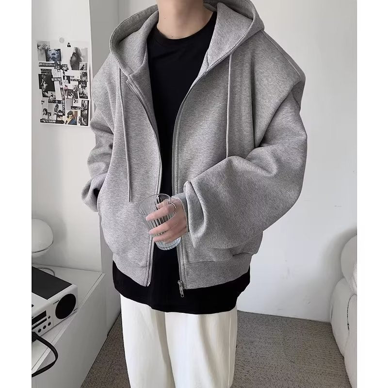 Threebooy Autumn Korean Zipper Hoody Large Silhouette Hooded Composite Shoulder Pad Cardigan Jacket Men Casual Handsome Hooded Sweatshirt