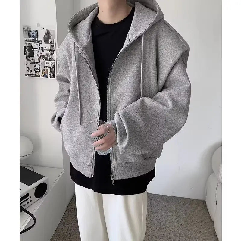 Threebooy Autumn Korean Zipper Hoody Large Silhouette Hooded Composite Shoulder Pad Cardigan Jacket Men Casual Handsome Hooded Sweatshirt
