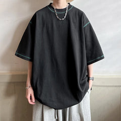 Threebooy Cotton Patchwork Line Summer T-shirt Men's Loose Short-sleeved Casual Tee Shirt Couple O Neck Solid Color Oversize T shirt