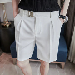 Threebooy Pleated Shorts Men Summer White Shorts Korean Fashion Casual Shorts Work Wear Clothes Breathable Comfort Slim Fit Bermudas