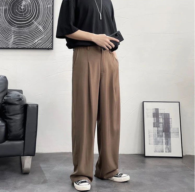 Threebooy Trousers For Men Brown Fluid Draped Baggy Stylish Tailoring Summer 2024 Man Suits Pants Clothing Premium Thin Casual Up