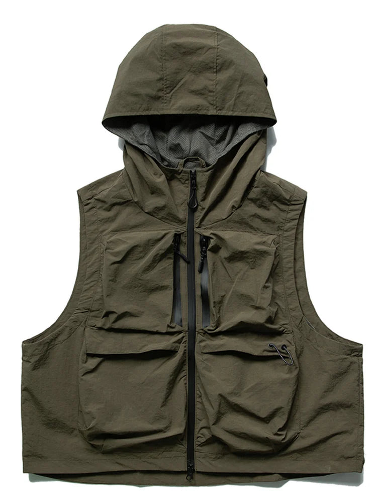 Threebooy Japanese Outdoor Three-dimensional Multi-pocket Short Waterproof Workwear Hooded Vest Men's Trendy Summer Fishing Vest Jacket