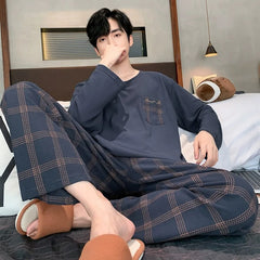 Threebooy Long Sleeve Pajamas Men's Spring New Cotton Plus Size Boys and Teenagers Can Wear Loungewear Outside