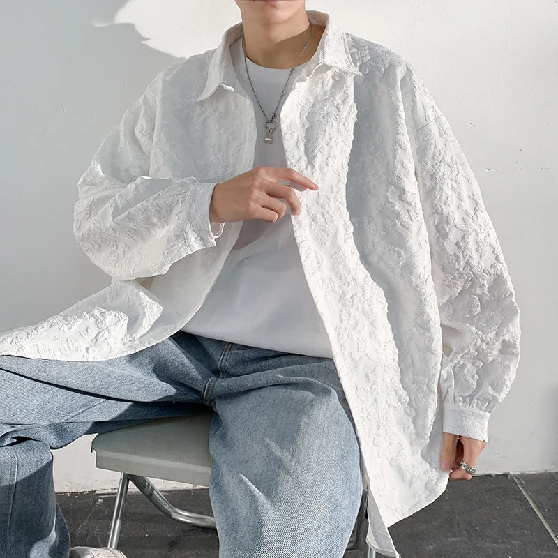 Threebooy Autumn New Special Shirt Men Black White Embossed embossing Design Shirts Men Korean Blouses Casual Loose Shirt Jacket