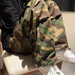 Threebooy Trendy Vintage Camouflage Cargo Pants Men's Loose-fit Straight-leg High Street Hip Hop Ins Hong Kong Style Wide-leg Trousers