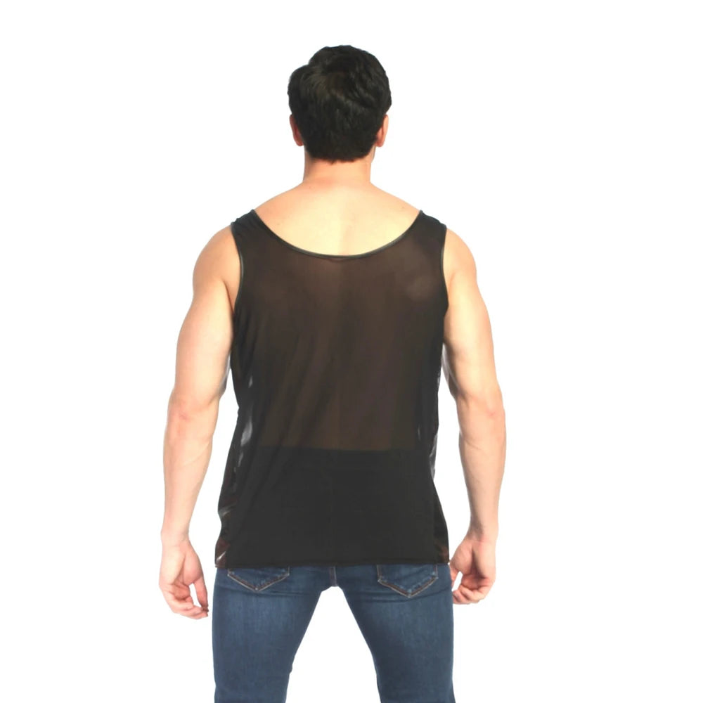 Threebooy Men Erotic Sexy See-Through Mesh Splicing Vest 2024 New Genderless Nightclub Personalized Slim Stage Performance Clothing Unisex