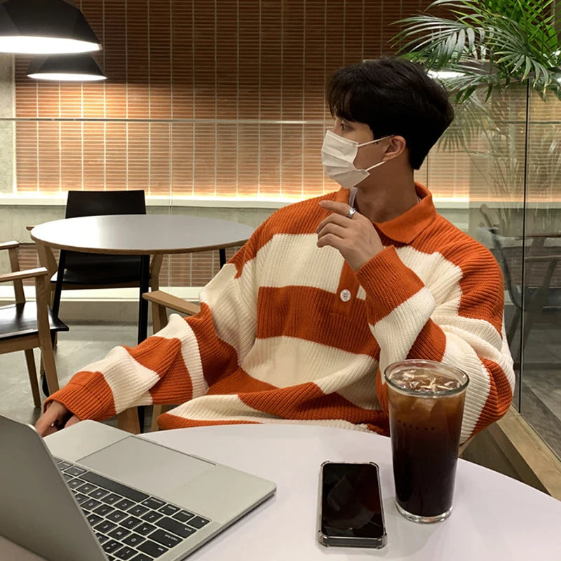 Threebooy  New Fashion Striped Men Polo Sweater Light Luxury Korean Popular Knitwear Premium Quality Long Sleeve Pullover Trendy Streetwear