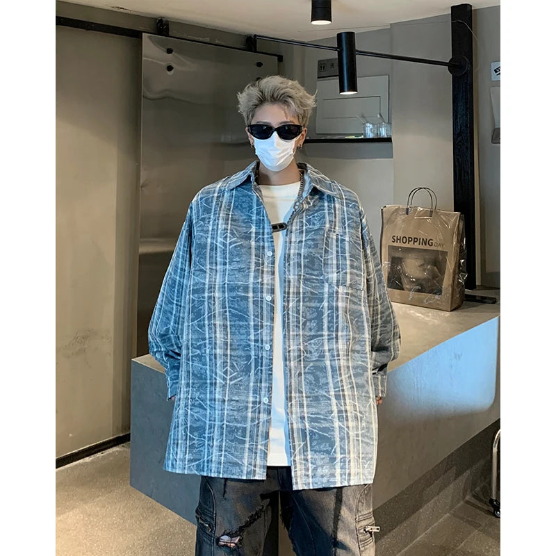 Threebooy Autumn Fashion Men Women Plaid Shirts Oversize Button Up Long Sleeve Tops Korean Loose Casual Outwear Couples Shirt Pink/Blue