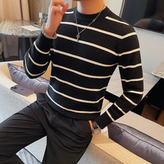 Threebooy Men High Quality Winter Basic Round Neck Sweaters Casual Soft Warm Long Sleeve Sweater Korean Knitted Stripe Pullover 4XL-M