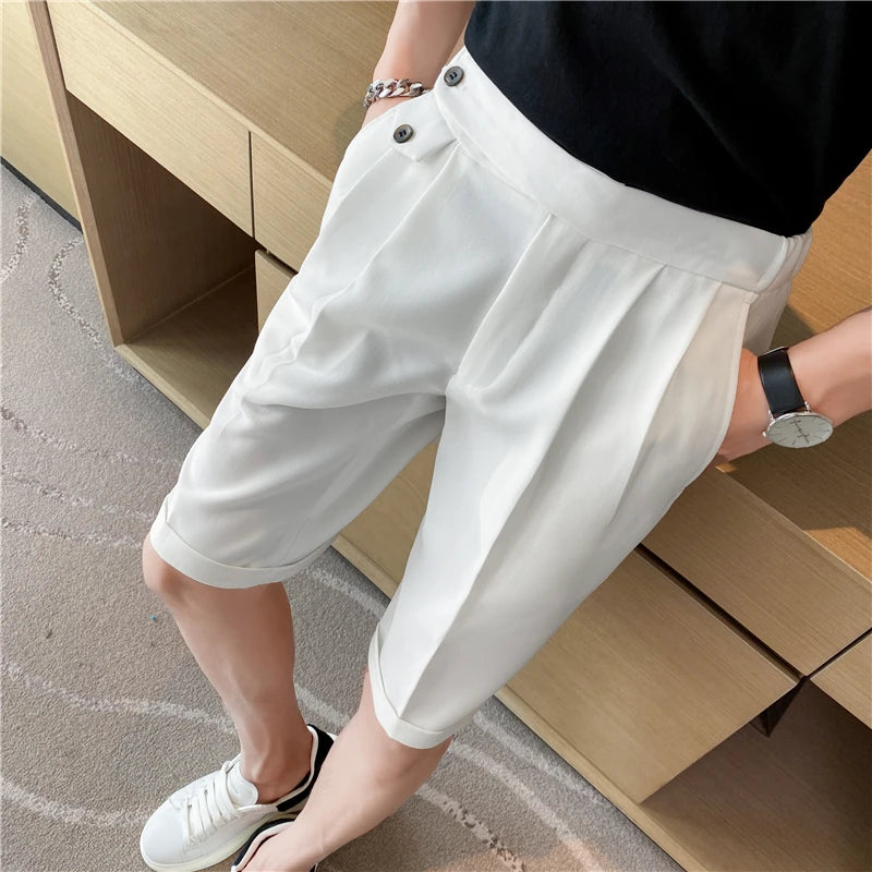 Threebooy  Summer New Elastic Waist Knee Length Business Formal Wear Straight Shorts Men Clothing Simple Slim Fit Casual Short Homme