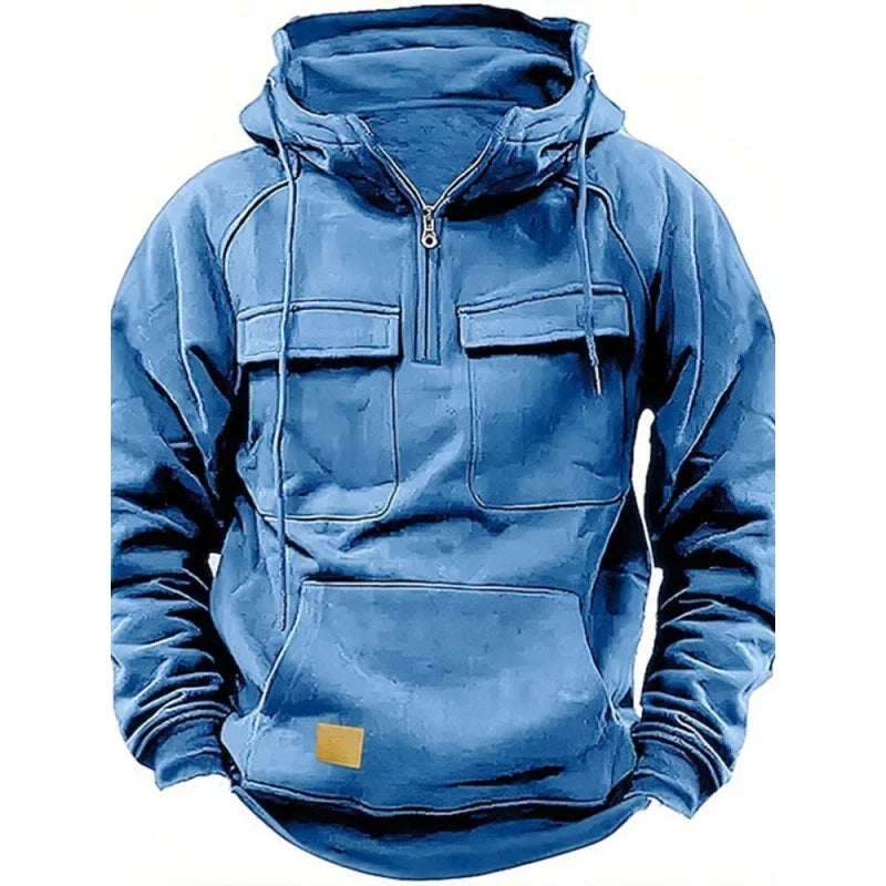 Threebooy Spring Autumn New Men's Hooded Solid Color Sweatshirt Multi Pocket Leather Patch Sports Coat