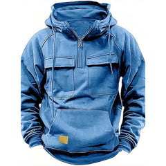 Threebooy Spring Autumn New Men's Hooded Solid Color Sweatshirt Multi Pocket Leather Patch Sports Coat