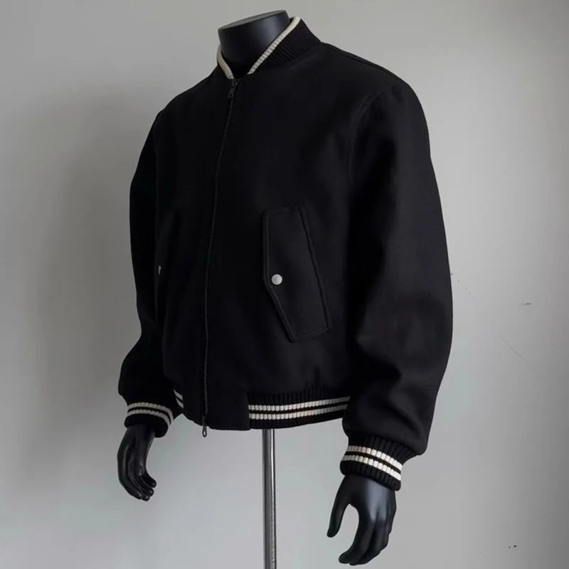 Threebooy  New American Vibe Fleeced Men Crop Jackets Luxury Harajuku Zip-up Long Sleeve Streetwear Trendy Chic Pocket Baseball Coats M-2XL