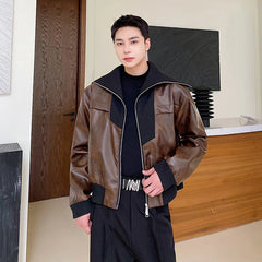 Threebooy Men's PU Leather Jacket Trend Personality Ribbed Stand Collar Patchwork Male Short Jackets Zipper 2024 Autumn Winter