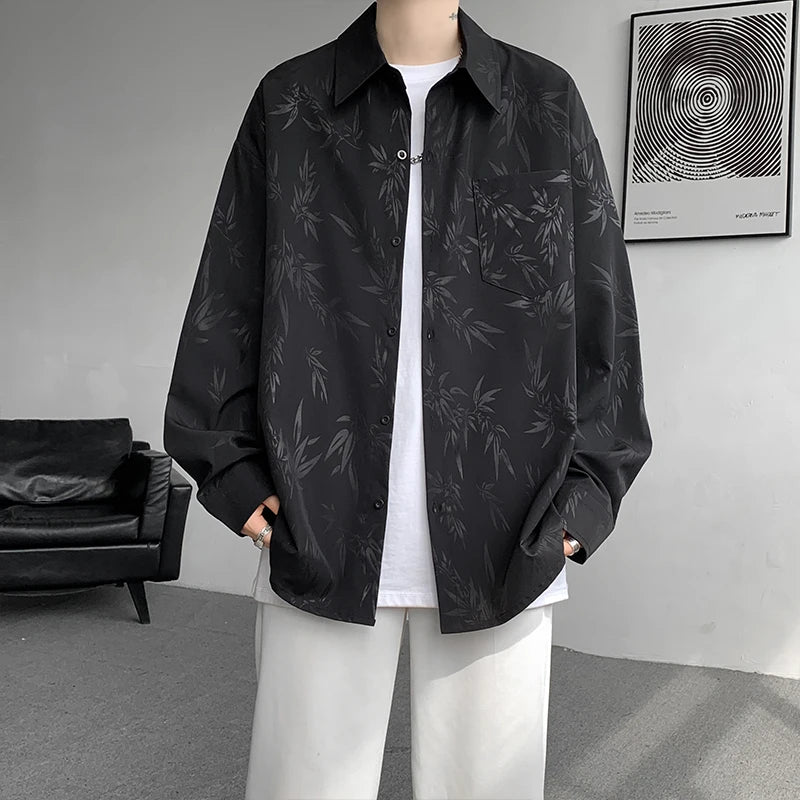 Threebooy Casual Shirt for Men Ice Silk Bamboo Leaf Long Sleeve Shirt Harajuku Top Quality Loose Drape Black White Japanese Streetwear