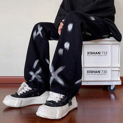 Threebooy American High Street Vibe Style Pants Trend Black Design Sense Tie Dyed Jeans Men'S Hiphop Straight Pants