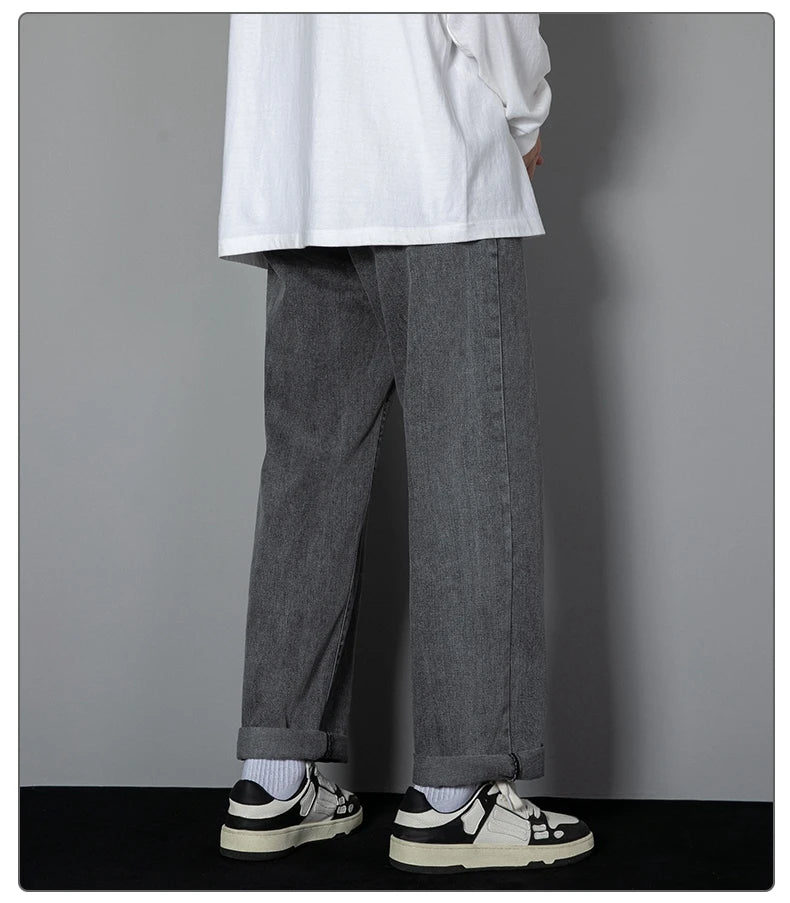 Threebooy 2025 New Korean Men's Casual Long Jeans Classic Man Straight Denim Wide-leg Pants Solid Color Light Blue Grey Black