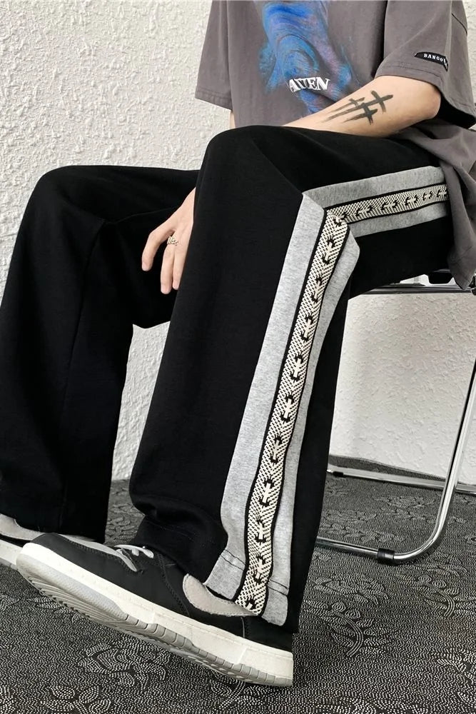 Threebooy Casual Pants Four Seasons Sports Trousers Thin Double Webbing Buttoned Contrast Color Loose Pants Straight Wide Leg Sweatpants